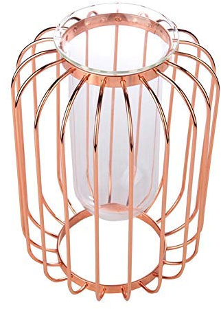 Nordique en Fer Forgé Vase en Forme De Lanterne Vase en Verre en Verre Tube d'or en Métal Fil Bougeoir pour La Maison De Mariage Décoration(Rose Gold)