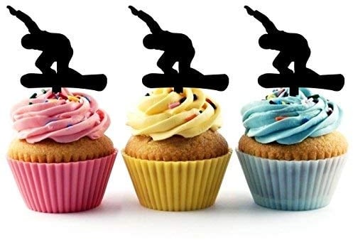 Snowboard Snowboarding Silhouette Acrylic Cupcake Toppers 12 pcs