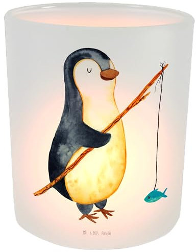 Mr. & Mrs. Panda Windlicht Pinguin Angler - Geschenk, Teelichter, Teelichtgläser, Fischer, Teelichthalter, Teelichtglas, Tagträume, Angeln,