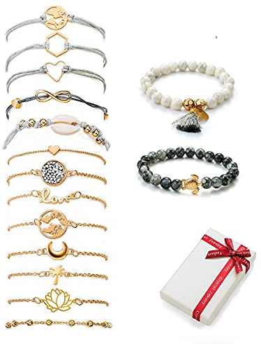 15 Stück Armbänder Damen Set, Verstellbar Zart Charms Schale Schildkröte Weltkarte Muschel Infinity Unendlichkeit Herz Perlen Quaste Armband, Geflochten Boho Schmuck Geschenk für Frauen Frau Mädchen
