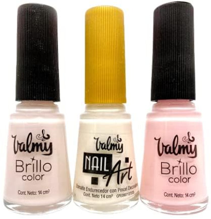 Valmy Colección de Esmaltes Tradicionales Normales - Pack Uñas Francesas (Nail Art Blanco, Brillo Color 01 y Brillo Color 06) (14 ml c/u)