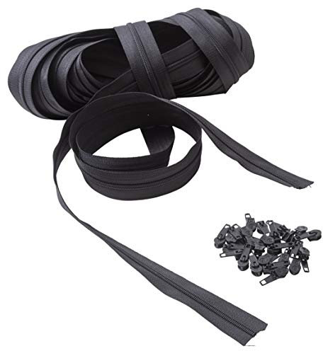 IPEA Durchgehender Reißverschluss – 10 Meter – Nylonseil + 25 Schieber inklusive – Reißverschluss – zuschneidbar, 3 Farben zur Auswahl, Schwarz, Breite 30 mm