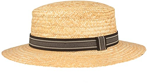 Breiter Kreissäge Strohhut Sommerhut Sonnenhut aus 100% Stroh mit schwarzem Ripsban Gondoliere-Hut Made in Italy 6 cm Krempe - Beige, Schwarz gestreift, XL 60-61