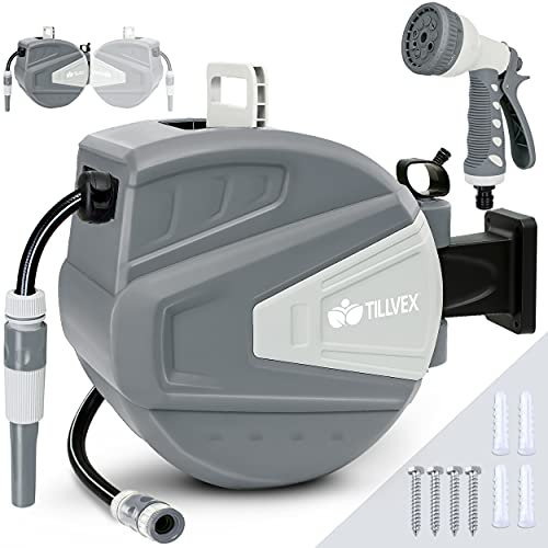 tillvex Carrete para Manguera de agua 15+2m con soporte de pared | Enrollador de manguera con pistola manual y manguera de jardín | Caja de manguera para pared con enrollado automático