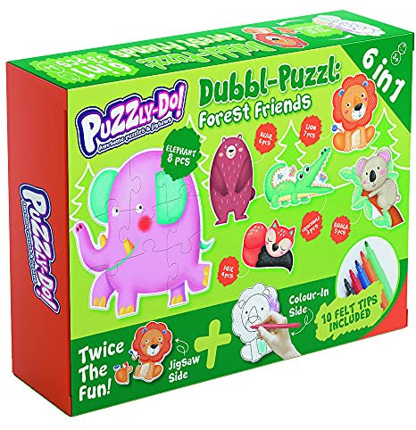 Dubbl-Puzzl Forest Friends. 6 Large Piece Animal Jigsaws For Young Children Aged 3+. Flip Them To Colour Them. With 10 Felt Tip Pens. Jigsaw Puzzle For 2-6 Y.ear Olds