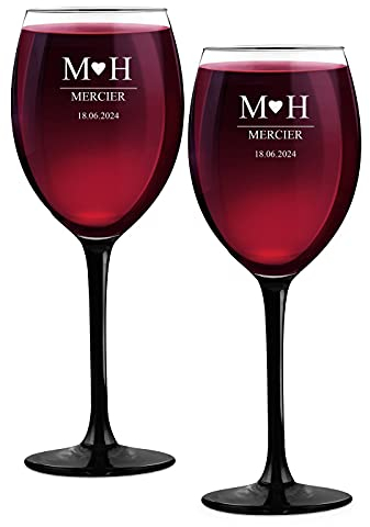 Maverton Ensemble de 2 Verres à vin Personnalisés - 330ml Verre a vin rouge et blanc - Cadeau Personnalisé pour Parents - Cadeau Couple - Classic Verre à pied noir - Mariage