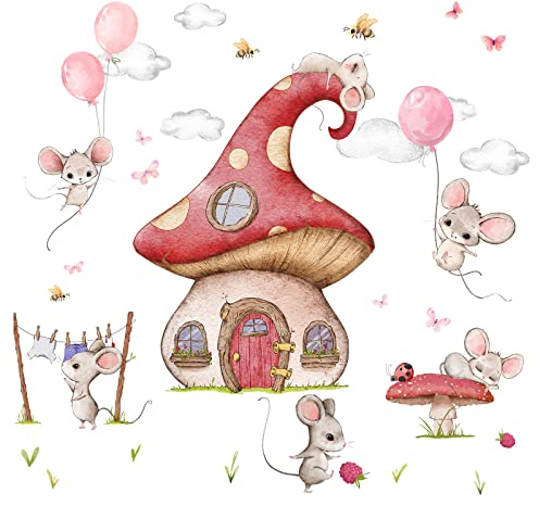 Little Deco Wandsticker Wandtattoo Kinderzimmer Mädchen Mäuse mit Ballons Wandaufkleber Wandbild Mädchenzimmer Pilz Haus Rosa Bienen Wanddeko Schmetterlinge DL744-4