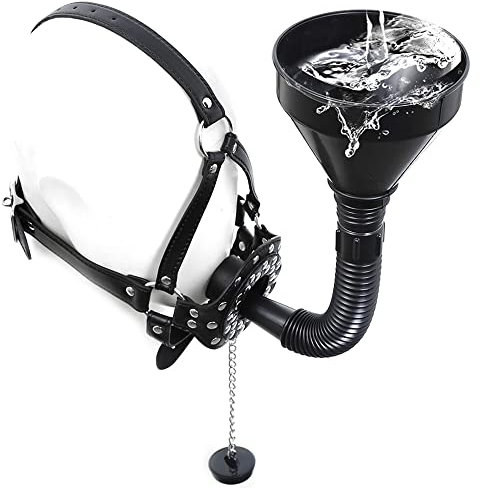 Jixaxe Trichter Öffnen Mund Gag Maske Haube PU Leder Trichter Knebel Einlauf Sabbern Stecker Gag Oralsex Knebel SM Bondage Harness Set Slave Extrem Sexspielzeug für Frauen Männer Paare (Schwarz)