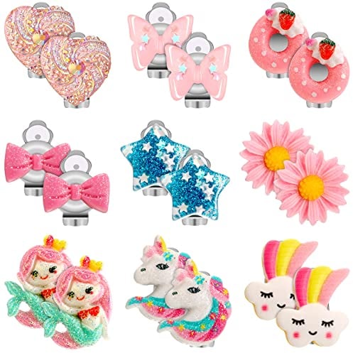 9 Paar Ohrringe Klips für Kinder Ohrclips für Mädchen Schmuck für Kinder Ohrklipser Set Einhorn Meerjungfrau Blume Stern Schmetterling Ohrstecker Prinzessin Spielzeug Schmuck für Kinder, 9 Stil