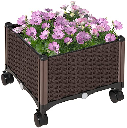 Outsunny Jardinera de Plástico Curdrada con 4 Ruedas Macetero de Jardín con Agujeros de Drenaje para Cultivo de Plantas en Exterior Patio Terraza 40x40x31,5 cm Marrón