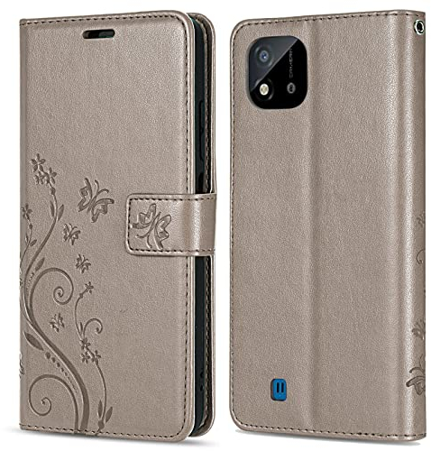 betterfon Hülle Kompatibel mit Realme C11 (2021) | Premium PU Leder Handyhülle Wallet Case für C11 (2021) | Schutzhülle Blumen Klapphülle Handyhülle | Grau