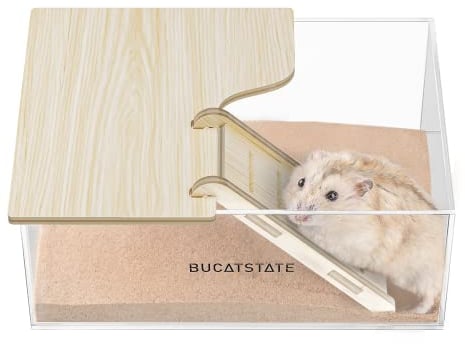 BUCATSTATE Sandbad-Container für Hamster mit Leiter – Acryl-Dusch- und Grabungsraum-Katzenklo für Mäuse, Lemminge, Rennmäuse, Kleintiere (rechteckig)
