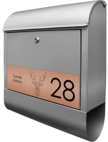 banjado® Briefkasten personalisiert mit graviertem Namensschild in Kupfer/Briefkasten silberfarben 39x47x14cm / Briefkasten mit Hausnummer, Namen & Motiv Sternbild Hirsch/Briefkasten Zeitungsfach