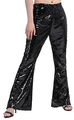 Damen Glitzer Pailletten Schlaghose High Waist Weites Bein Hose Legins Cargohose Hippie 70er 80er 90er Jahre Kost?m Mottoparty Disco Rave Tanz Outfit Clubwear Karneval Fasching Halloween Schwarz XL