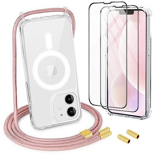 DiDaDi Handyhülle für iPhone 11 Pro Max Hülle mit Band & Magnet - Transparente Handykette, Abnehmbar mit 2X Panzerglas + Kameraschutz | Profi-Schutz Display & Kamera | Magnetisch Kompatibel (Roségold)