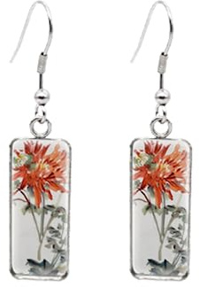Dahlia Flower Rectangular Earring Dahlias Painting Fish Hook Earrings Glass Cabochon Handmade Jewelry