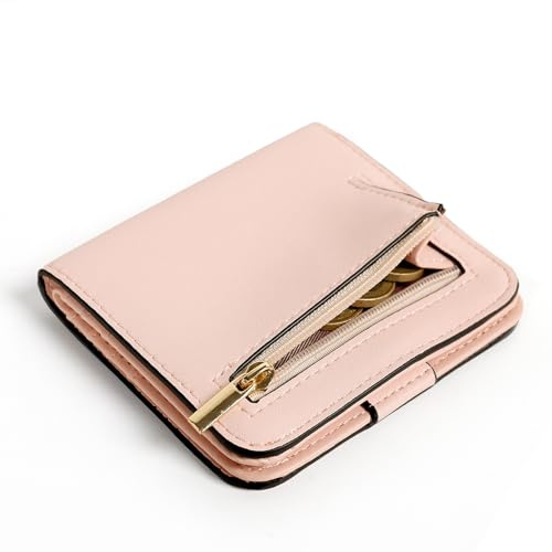 TANTOMI Geldbeutel Damen Klein, Portemonnaie Damen Klein aus Kunstleder mit Mehreren Kartenfächern, Mini Wallet für Kreditkarten, Geldscheine, Münzen(Hellrosa).