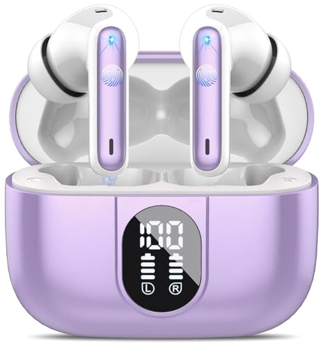 Csasan Auriculares Inalambricos, Bluetooth 5.3 HiFi Estéreo con HD Micró, Pantalla LED Cascos Inalambricos Reproducción de 40H, Control Táctil, IPX7 Impermeable, Carga Rápida USB-C, Morado