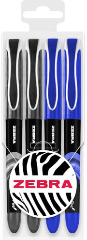 Zebra Fuente - Disposable Fountain Pen - 1.0mm Fine Nib 0.6mm Line Width - Wallet of 4 - Black and Blue Ink