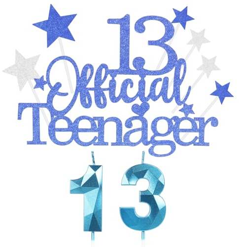 Kuchen Deko 13 Geburtstag Mädchen Jungen, Happy 13th Birthday Blau Cake Topper with 3D Geburtstag Kerzen Nummer 13,Geburtstag Cake für Teenager Junge Party Decoration (9 Stück)
