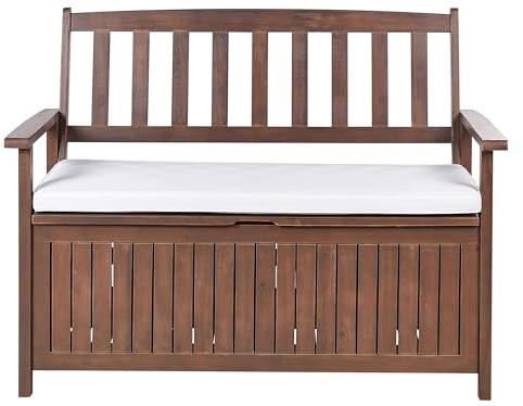 Beliani Gartenbank Dunkles Akazienholz mit Stauraum Auflage weiß 120cm Sovana