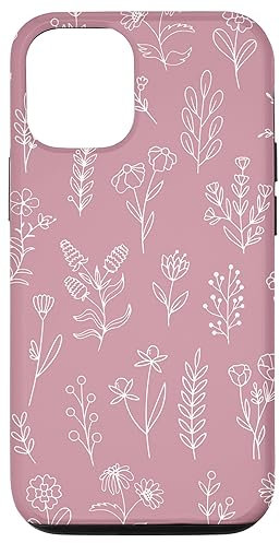 Fleurs et feuilles dessinées à la main, fleur sur rose poudré Coque pour iPhone 13