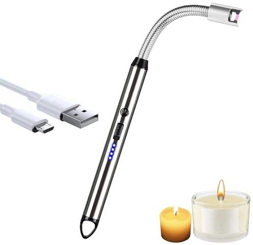 iJiGui Electric Lighter, Electric Arc Lighter Kitchen Gas Lighter, USB Rechargeable Lighters, 360° Rotatable Long Neck, Windproof for Gas Candles Kitchen Grill Barbecue(Silver)