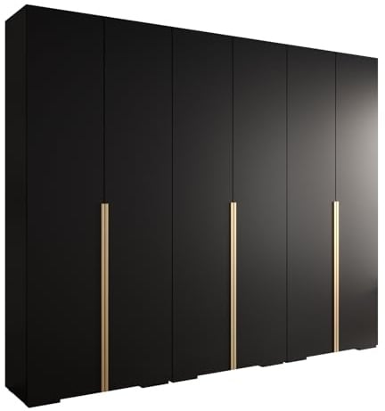 MEBLE KRYSPOL Inova 1 Moderner Schrank mit Regalen und Stange - Aufbewahrungsschrank für Schlafzimmer, Wohnzimmer - 236,7x300x47 cm - KGoldpusfarbe Schwarz - Frontfarbe Schwarz - Grifffarbe Gold