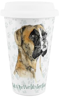 Purely Home World's Best Boxer Dog Ceramic Travel Mug - Novelty Gifts for Dog Dads - Reusable Silicone Lid Double-Walled Insulated Hot/Cold Drinks Tea Coffee Cup