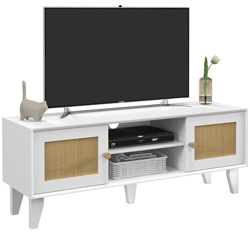 HOMCOM Mueble de TV Mueble para Televisión de hasta 55 Pulgadas con Estante Ajustable y 2 Puertas de Ratán para Dormitorio Salón 120x35x46 cm Blanco