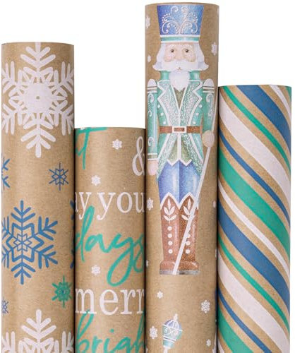 RUSPEPA 4 Rollen Weihnachts-Geschenkpapier aus Kraftpapier – Nussknacker-Soldat, Schneeflocke, Streifen und Textdesign – 76 cm x 3 m pro Rolle