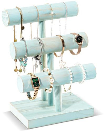 Procase Présentoir en Bois, Porte Bracelet à 3 Niveaux Détachable, Support pour Montres, Bijoux, Élastiques à Cheveux - Bleu Brillant