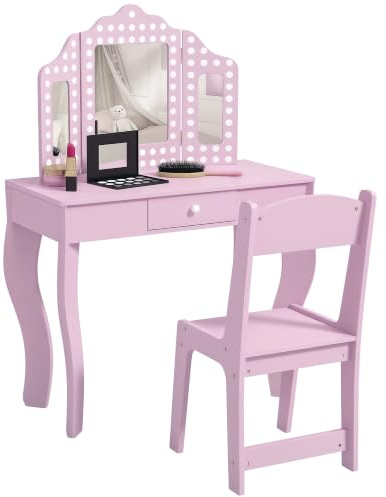 AIYAPLAY Kids Dressing Table with Tri-Fold Mirror, Stool, 3-8 Years Pink | Kids Vanity Table, Girls Make Up Desk with Drawer