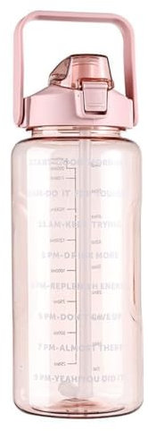 Botella de agua deportiva de 2000 ml con escala de medición, tapa con popote abatible con un solo clic, sin BPA, a prueba de fugas, asa portátil, perfecta para gimnasio, senderismo, campamento y