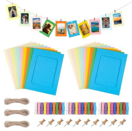 JINTANG 30 Pcs Fotorahmen aus Pappe,10 x 15 cm Kraftpapier Bilderrahmen,fotogirlande,DIY Hängende Wanddekoration mit 30 pcs Clips und 3 pcs Hanf Seile Set(Farbig)