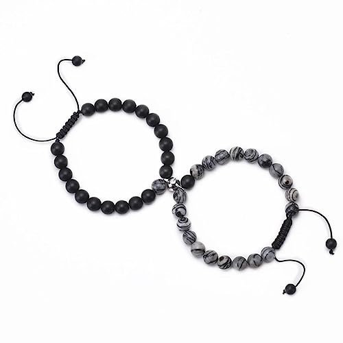 Tolldek 8mm Achat 2er Armband, Gewebt Damen & Herren Armband Set, Echten Natursteinen Premium Armband für Paar - Geschenk für Männer, 18CM, Schwarz Grau