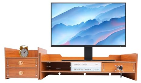 biusgiyeny 2-Tier Bamboo Monitor Stand Riser with 3 Drawers - PC Laptop Stand with Storage for Desk