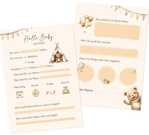 BETESSIN Babyparty Spiele Karten - 25 Baby Shower Ratespiel Karten mit Babybär Motiv - Babyparty Karten zum ausfüllen - Babyshowerparty Spiele für Junge und Mädchen, Gender Reveal Party Deko
