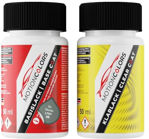 MOTIONCOLORS Timiano Green LT6Y / 0B für Skoda Lackstift +1K 2x50ml | Autolack, Set aus Basislack + Klarlack, Lackfläschchen je 50ml