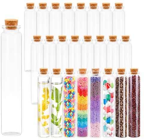 Acetiti 24 Stück Glas Reagenzgläser, 30ml Flachboden Reagenzglas Mini Glasflaschen mit Korken Leere Reagenzglas Transparent Vorratsglas für Hochzeit Party DIY Zubehör Dekorationen Geschenke