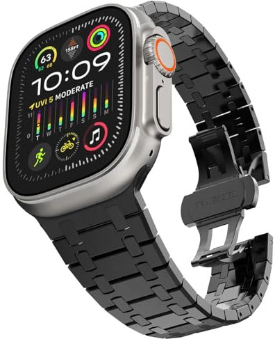 BUDAY Correa de acero inoxidable para Apple Watch Ultra 2 Band 49 mm 45 mm 44 mm 42 mm, correa de metal con cierre plegable para Apple Watch Series 9 8 7 6 5 4 3 2 1 Ultra/Ultra 2 Men(AP-Black)