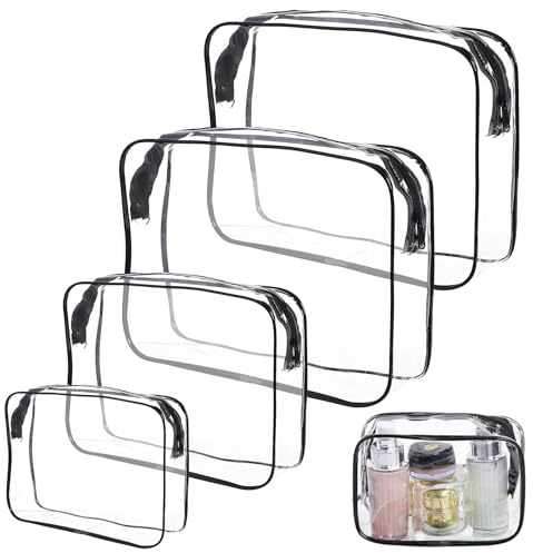 VEGCOO Kit Voyage Avion 4 Trousses de Toilette Transparente PVC Étanche Trousse de Maquillage de Voyage Rangement à Fermeture Éclair Sac Toilette Cosmétique Organisateur, 2Grand,1Moyen,1Petit (Noir)