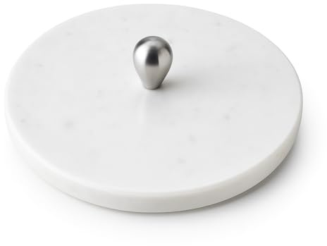 Kalu Creations Rundes Schneidebrett aus weißem Marmor mit Knauf – Ø 30 cm – elegantes Servierbrett für Käse, Gebäck oder Sushi – Design mit Stahlgriff – handgefertigt in Italien