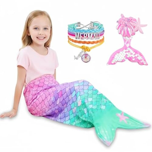 MKAKYES Meerjungfrau Decke, Meerjungfrauen Schwanz Decke mit Haarnadel Armband, Weicher Flanell Tragbare Schwanzdecke für Kinder Geburtstag Weihnachten Geschenk, 140x60cm