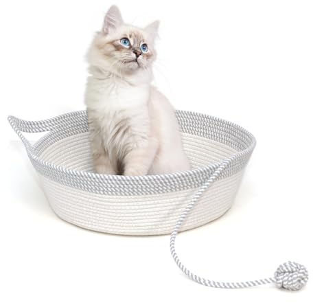 Graciadeco Katzenbett mit Spielball Waschbar Katzenkorb aus Baumwollseilen Geflochten Scratchable Rund Haustierbett Grau Mittel
