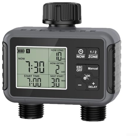 ZAMETTER Temporizador de riego programable de doble salida, controlador de riego de jardín, IPX5, impermeable, con modos automáticos y manuales, función de retardo de lluvia, compatible con manguera