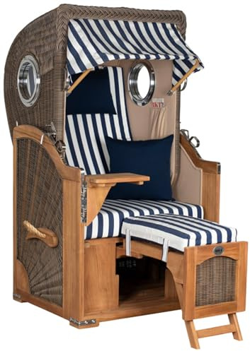 MR. DEKO Exklusiver Strandkorb-Einsitzer | Düne Single Volllieger Korb | Teak-Vollholz | PE-Rundgeflecht Grey | Maritimes Bullauge-Design | Dessin 518 (Blau-Gestreift) | Premium Strandkörbe