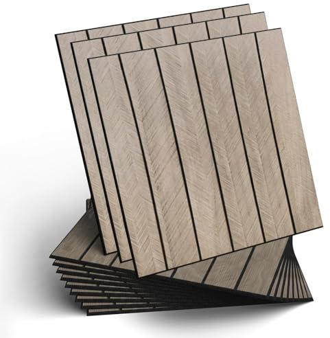 LOMUG Lot de 12 panneaux muraux autocollants aspect lattes de bois - 30 x 30 cm - Panneaux muraux décoratifs en PVC - Absorbent le bruit - Pour salon et chambre à coucher - AC-002