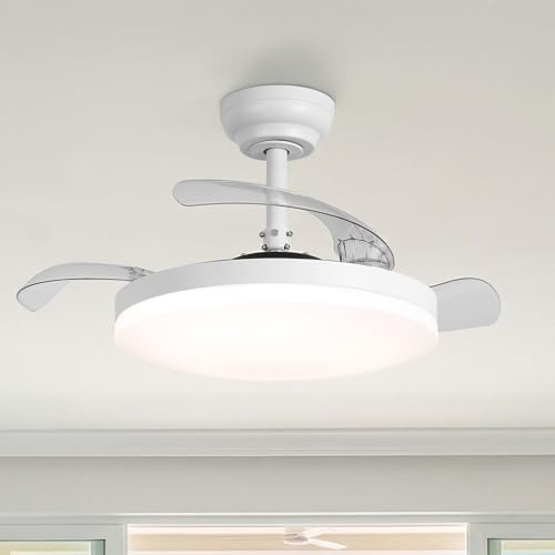 Parrot Uncle Deckenventilator Mit Licht Und Einziehbaren Flügeln, 106 cm, 36 W, 3 Transparente Flügel, Leiser Gleichstrommotor, Sommer-und Wintermodus, 6 Geschwindigkeitsstufen, Fernbedienung, Weiß