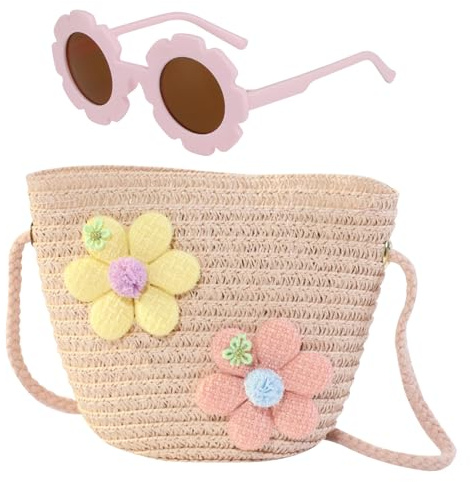 FOSDICK Straw Crossbody Bag With Girls Sunglasses, Small Straw Bag, Woven Straw Beach Bags, Summer Bags for Girl, Floral Holiday Handbag Daily Use, Travel, Beach and Outdoor Activities (Pink)
